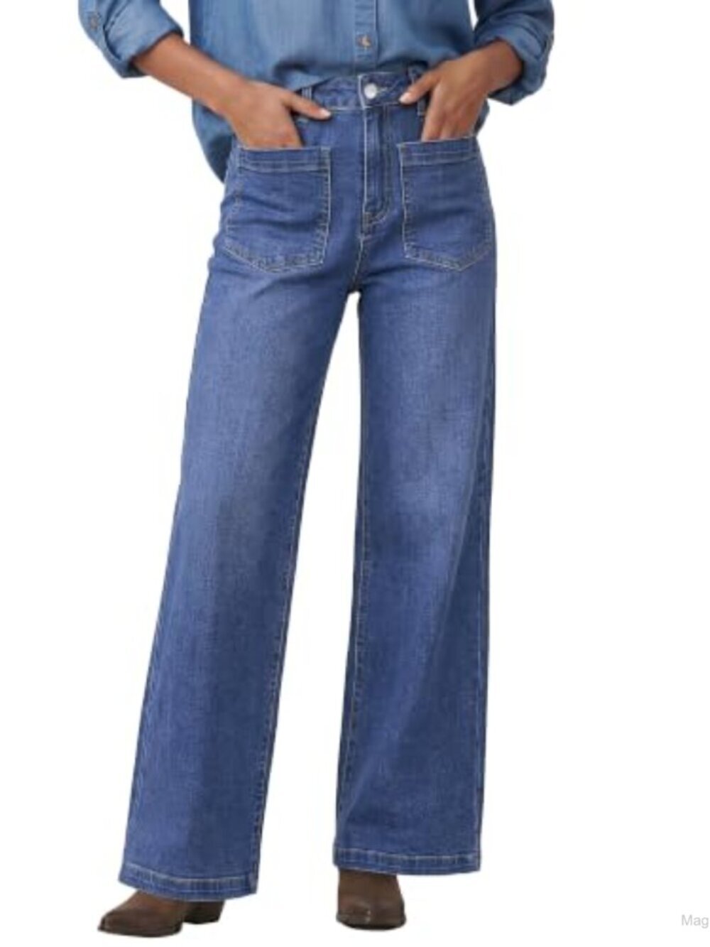 Wide Leg High Waisted Stretch Denim Jeans Patch Pocket 29.5 Inseam